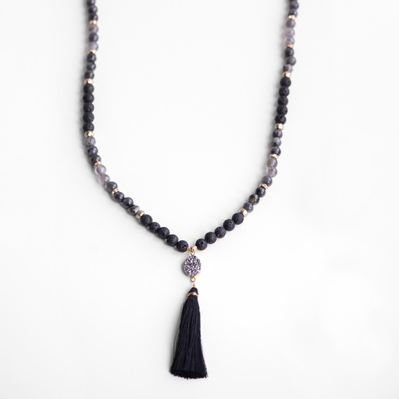 Handmade Long Mala Necklace with Natural Gemstone Beads & Tassel - Picture 4 of 8